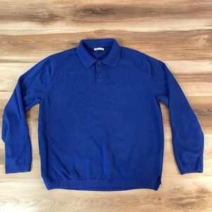 ZARA Polo Sweater Large Mens Royal Blue Knit Long Sleeve Collared